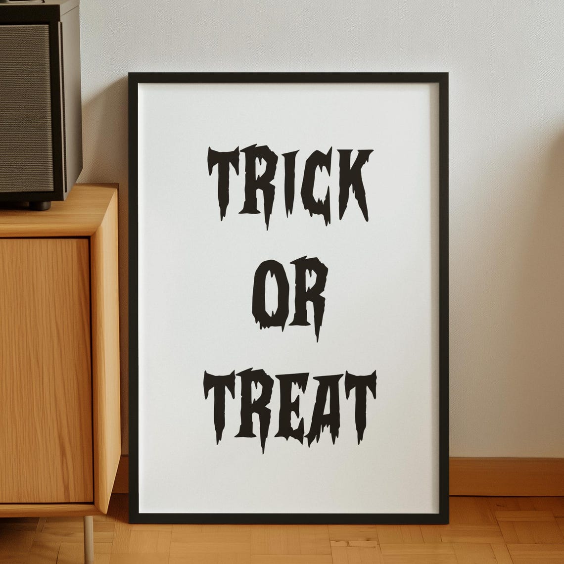 Framed Trick Or Treat Wall Art Spooky Halloween Home Decor Gothic Typography Print Black And White Holiday Decoration