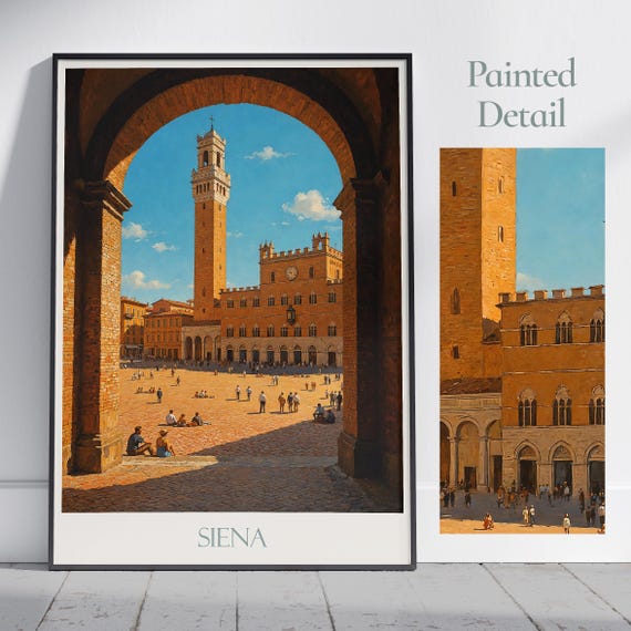 Siena Travel Poster Piazza Del Campo Torre Mangia Italy Painted Wall Art Print Iconic Cityscape Home Decor Vacation Gift