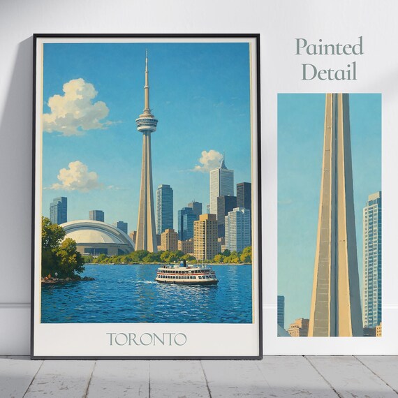 Toronto Canada CN Tower Painted Skyline Poster Lake Ontario Ferry Boat