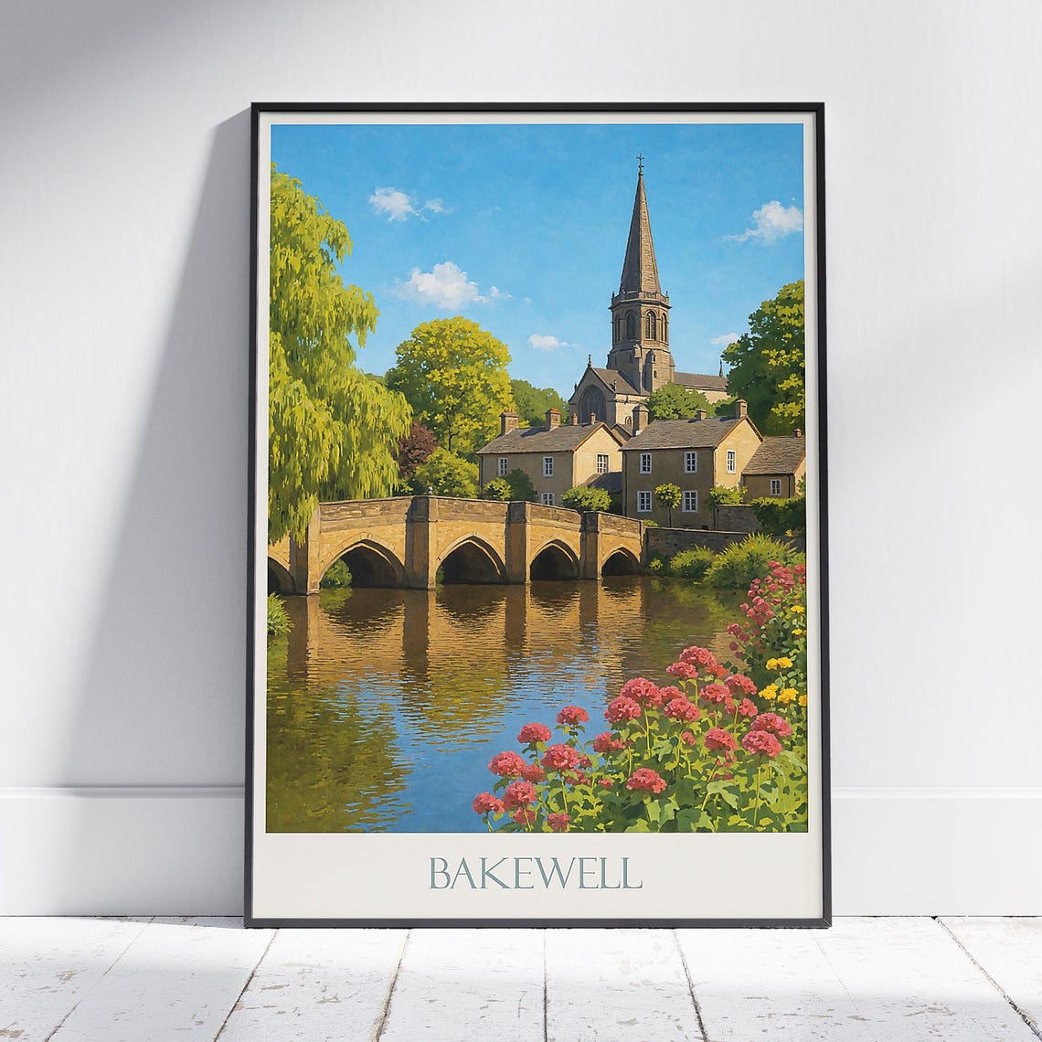 Bakewell Derbyshire Stone Bridge River Painted Travel Poster