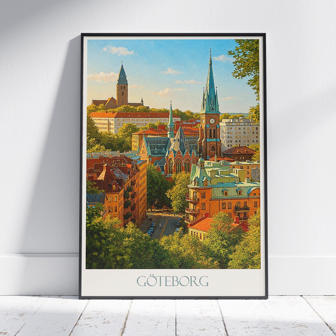 Gothenburg Sweden Cityscape Church Spires Vintage Travel Poster
