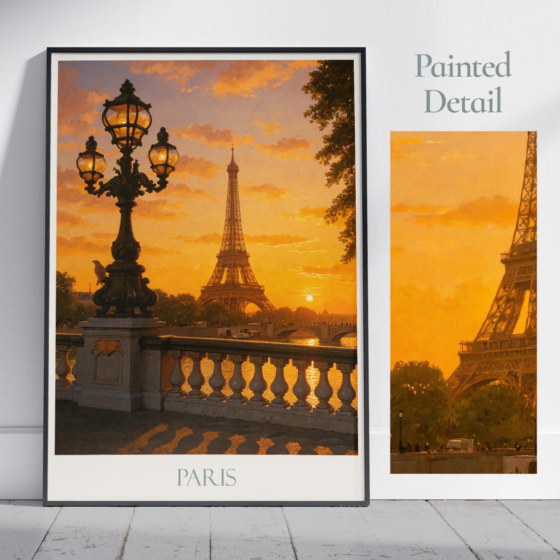 Paris Eiffel Tower Sunset Seine Bridge Lamp Golden Travel Poster