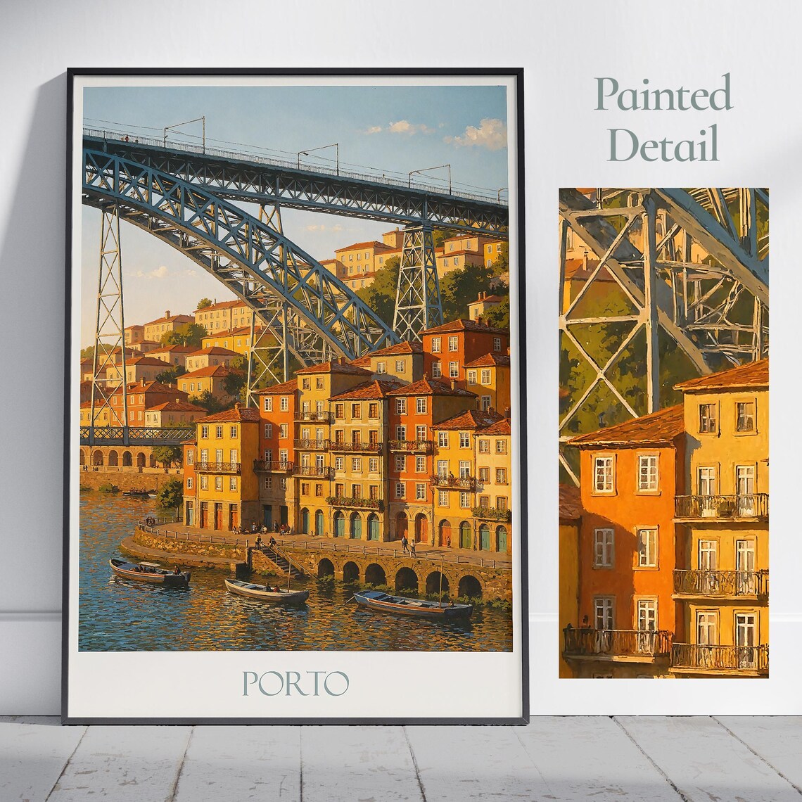 Porto Portugal Painted Bridge River Boats Waterfront Travel Poster