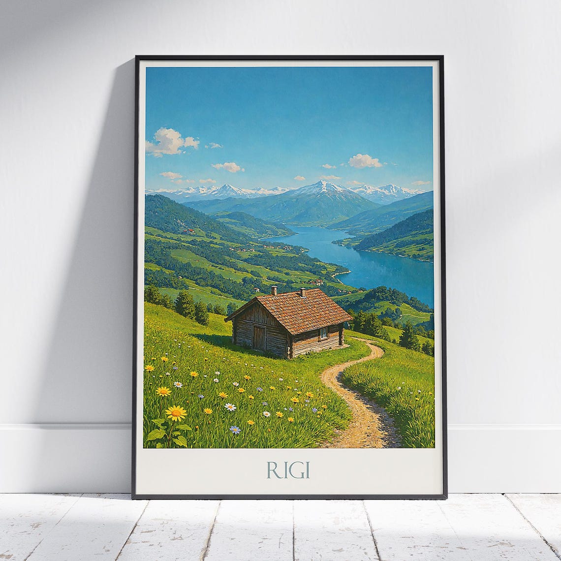 Mount Rigi Switzerland Chalet Meadow Lake Painted Travel Poster