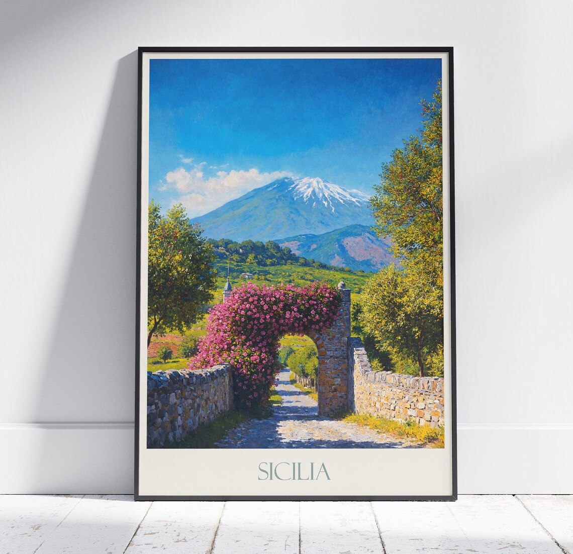 Sicilia Italy Mount Etna Snow Peak Flower Arch Painted Art Poster