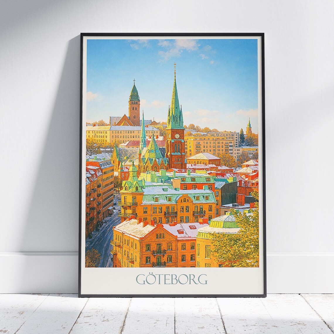 Gothenburg Sweden Winter Snowy Cityscape Church Spires Travel Poster