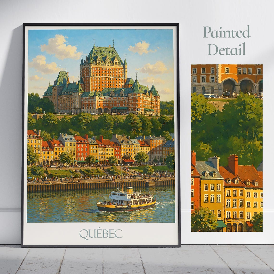 Quebec Chateau Frontenac Ferry Harbor Waterfront Travel Poster