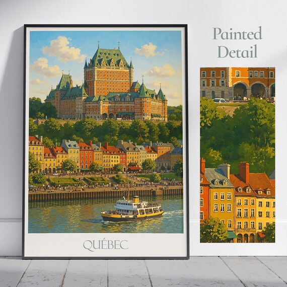 Quebec Chateau Frontenac Ferry Harbor Waterfront Travel Poster