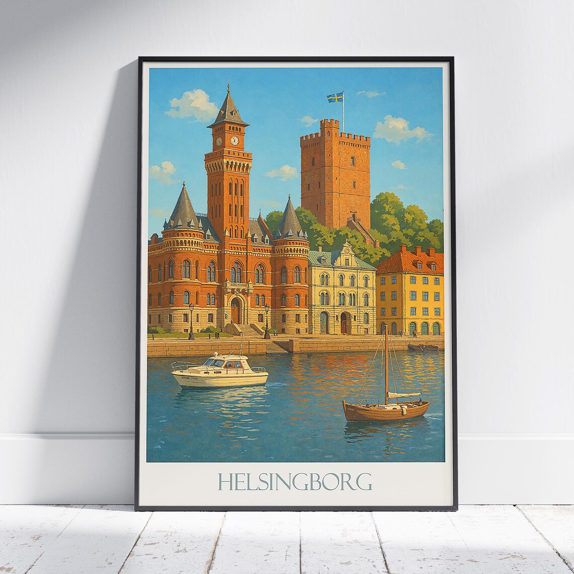 Helsingborg Sweden Harbor Castle Waterfront Sunny Vintage Travel Poster