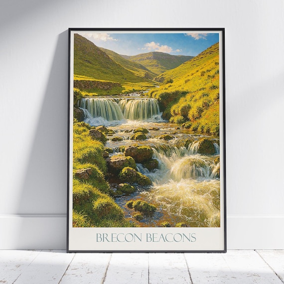 Brecon Beacons Wales Travel Poster Cascading Waterfalls Green Valley Art