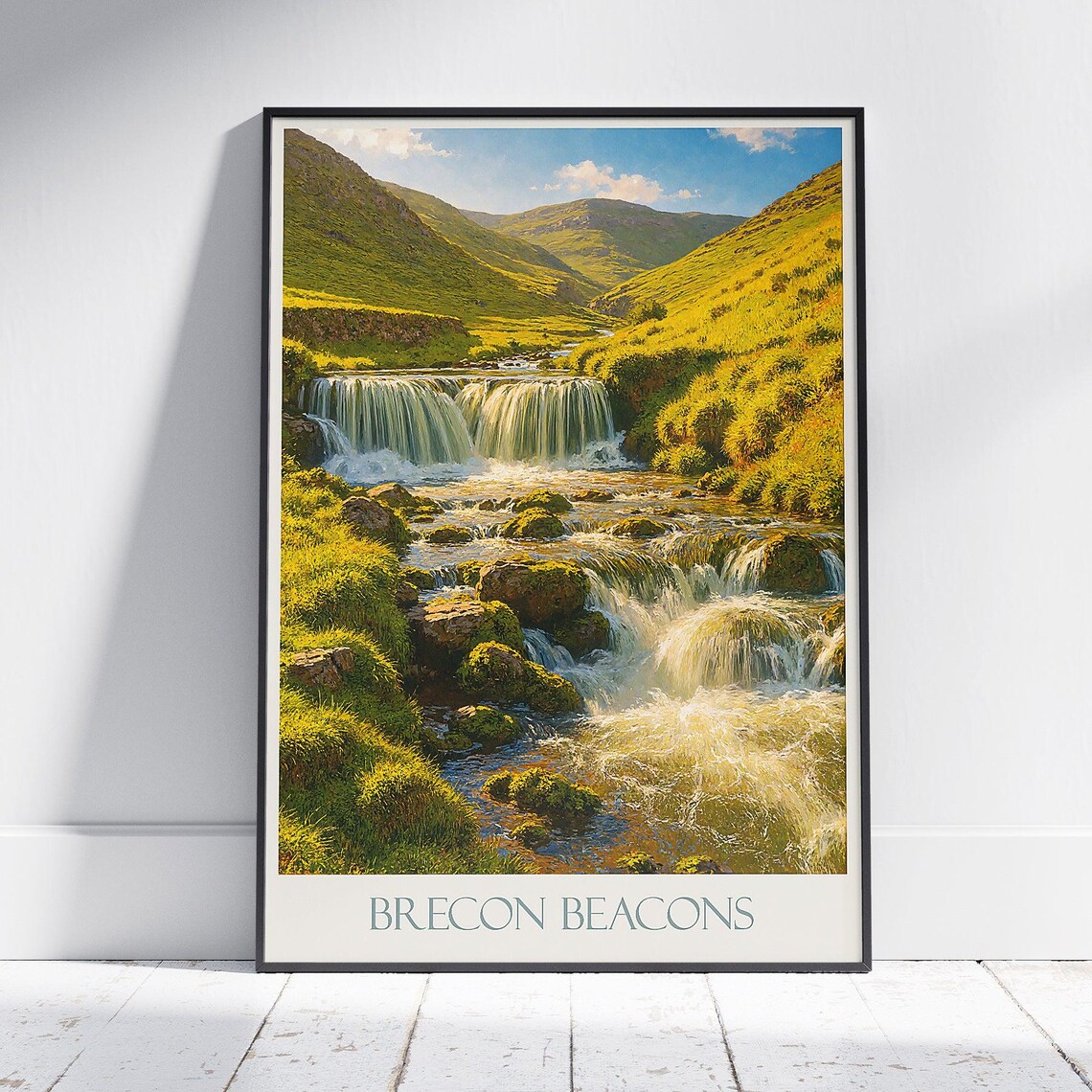Brecon Beacons Wales Travel Poster Cascading Waterfalls Green Valley Art