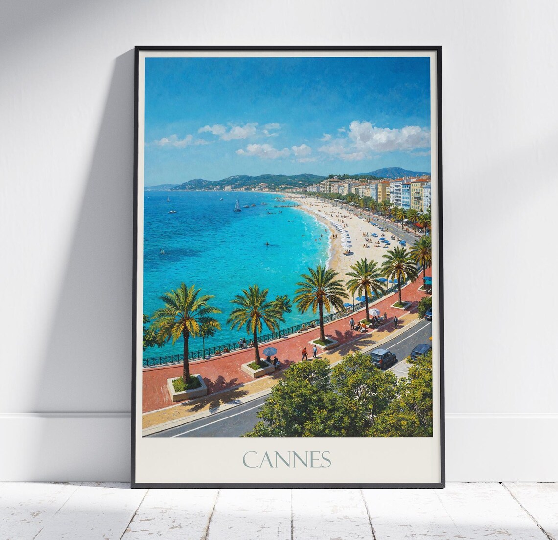 Cannes France Palm Lined Riviera Beach Painted Travel Poster