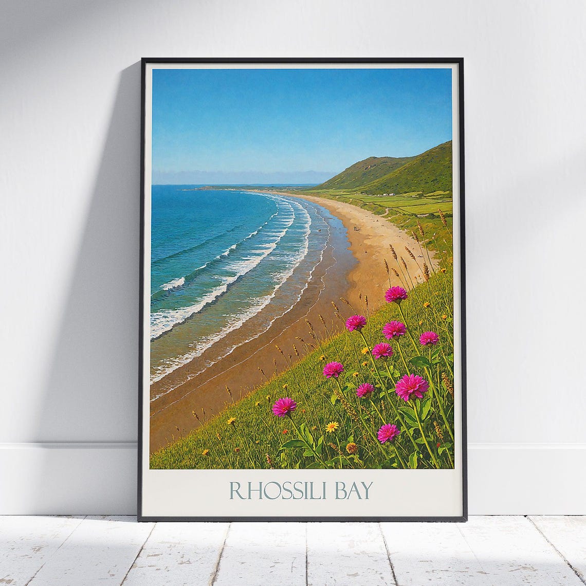 Rhossili Bay Wales Golden Beach Waves Wildflowers Travel Poster