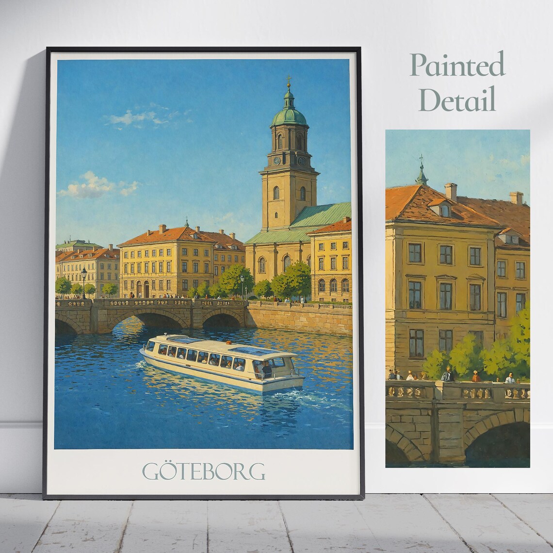 Göteborg Sweden Harbor Church Tower Boat Painted Travel Poster