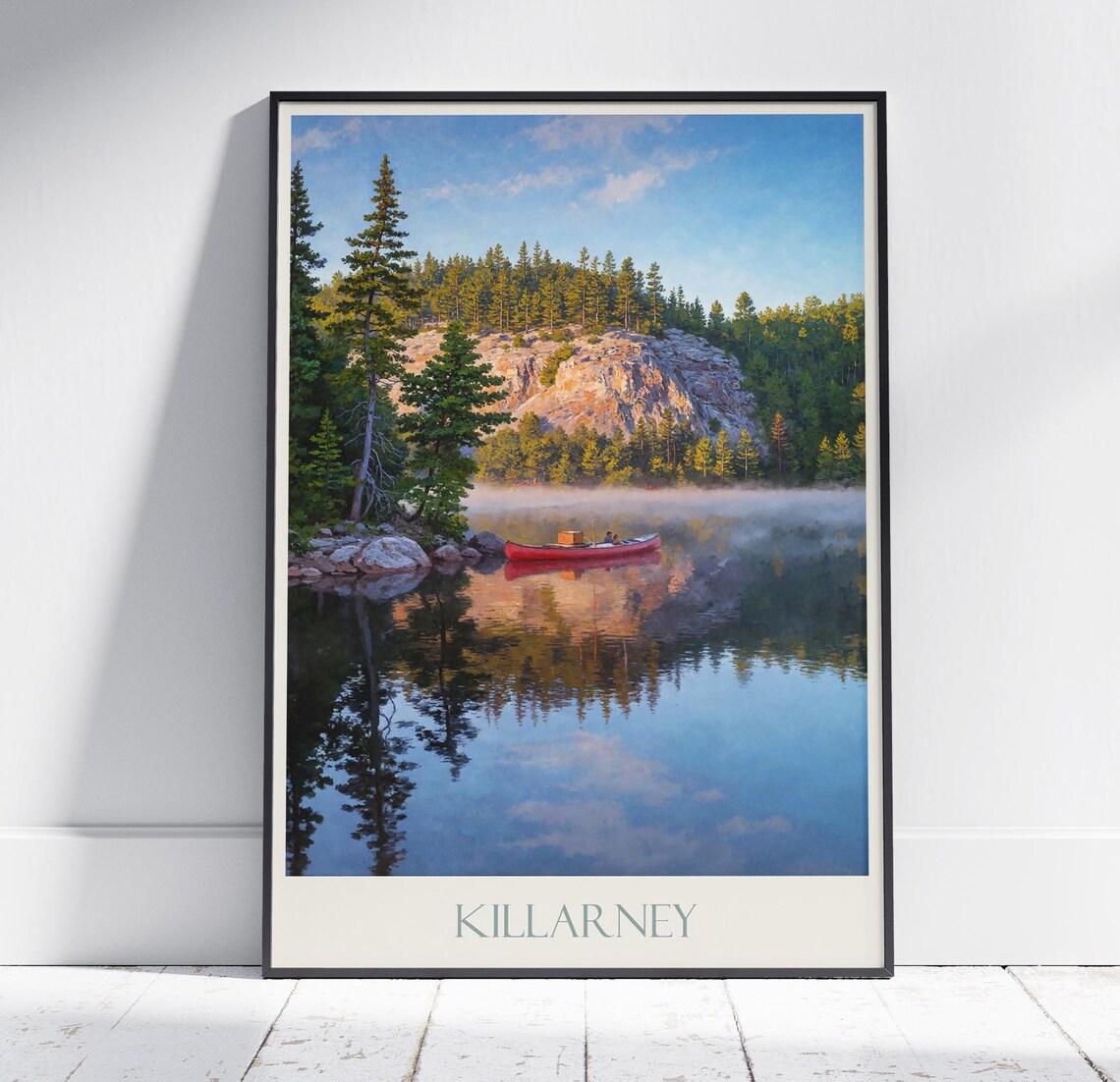 Killarney Canada Misty Lake Travel Poster Red Canoe Pine Forest View