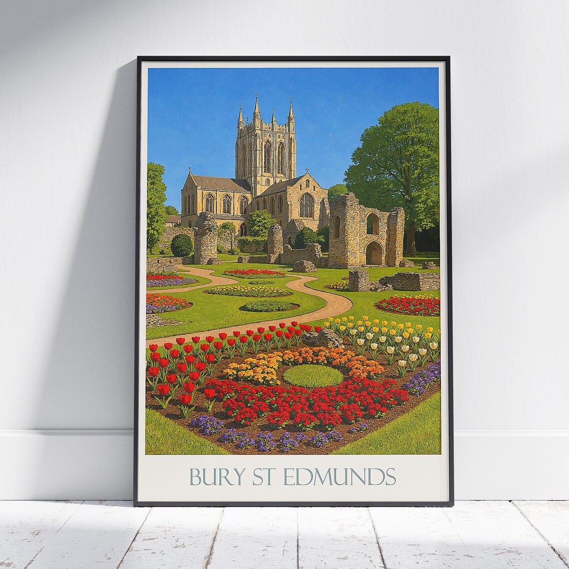 Bury St Edmunds Abbey Gardens Tulips English Vintage Travel Poster