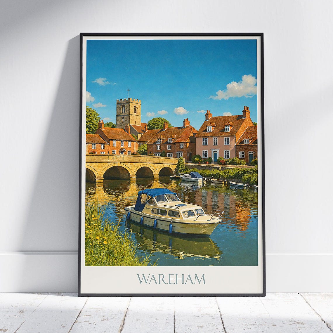 Wareham Dorset River Bridge Boats Vintage English Travel Poster