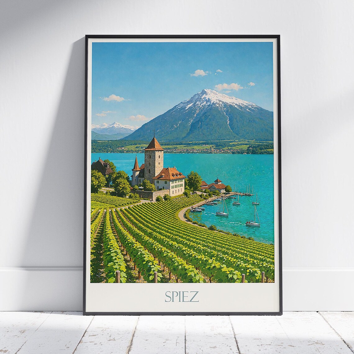 Spiez Switzerland Lakeside Castle Vineyard Rows Travel Poster Artwork