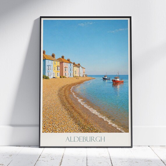 Aldeburgh Pebble Beach Pastel Houses Boats Vintage Travel Poster