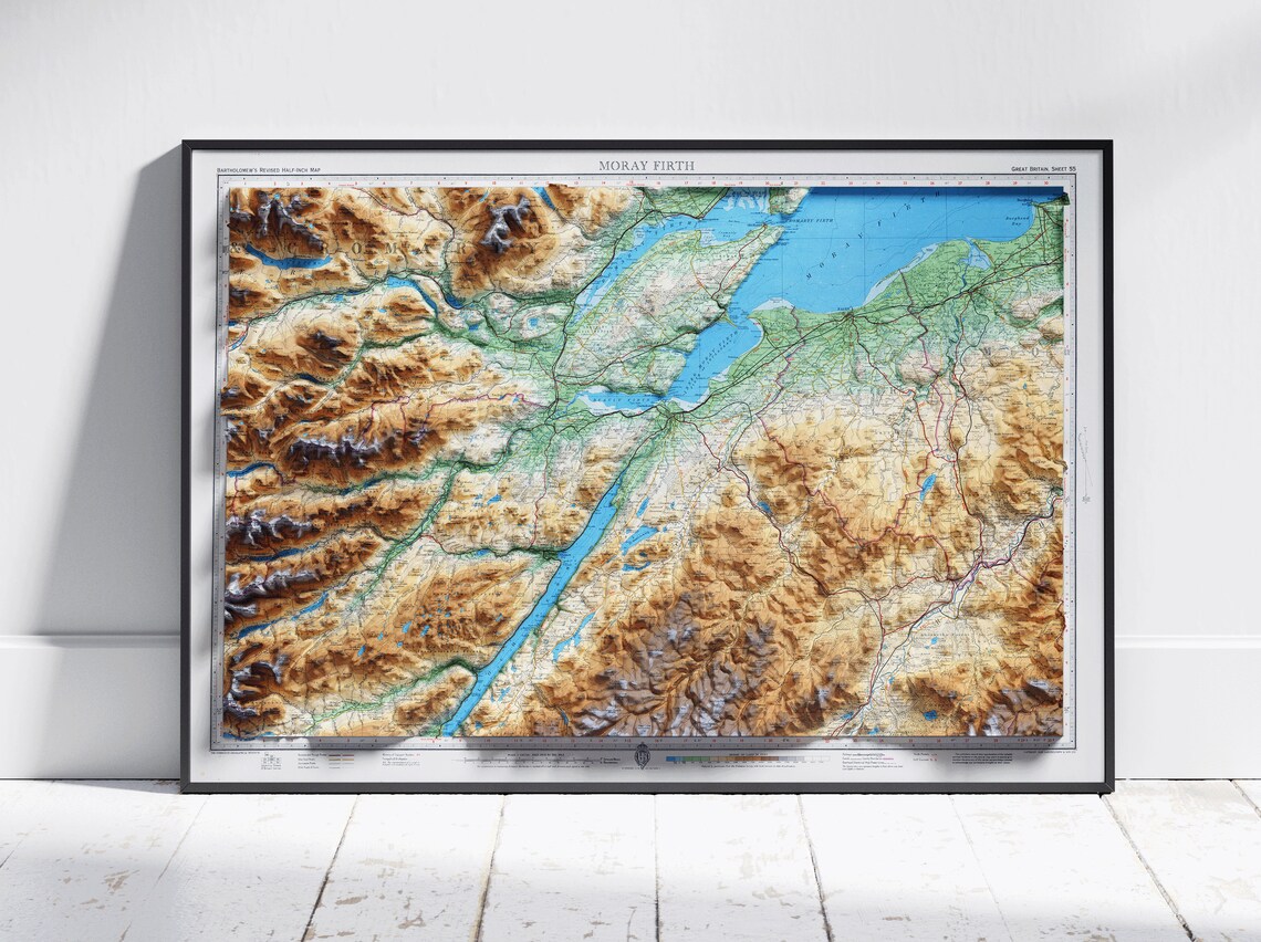 Moray Firth Scotland Vintage Atlas Shaded Relief Terrain Map Poster