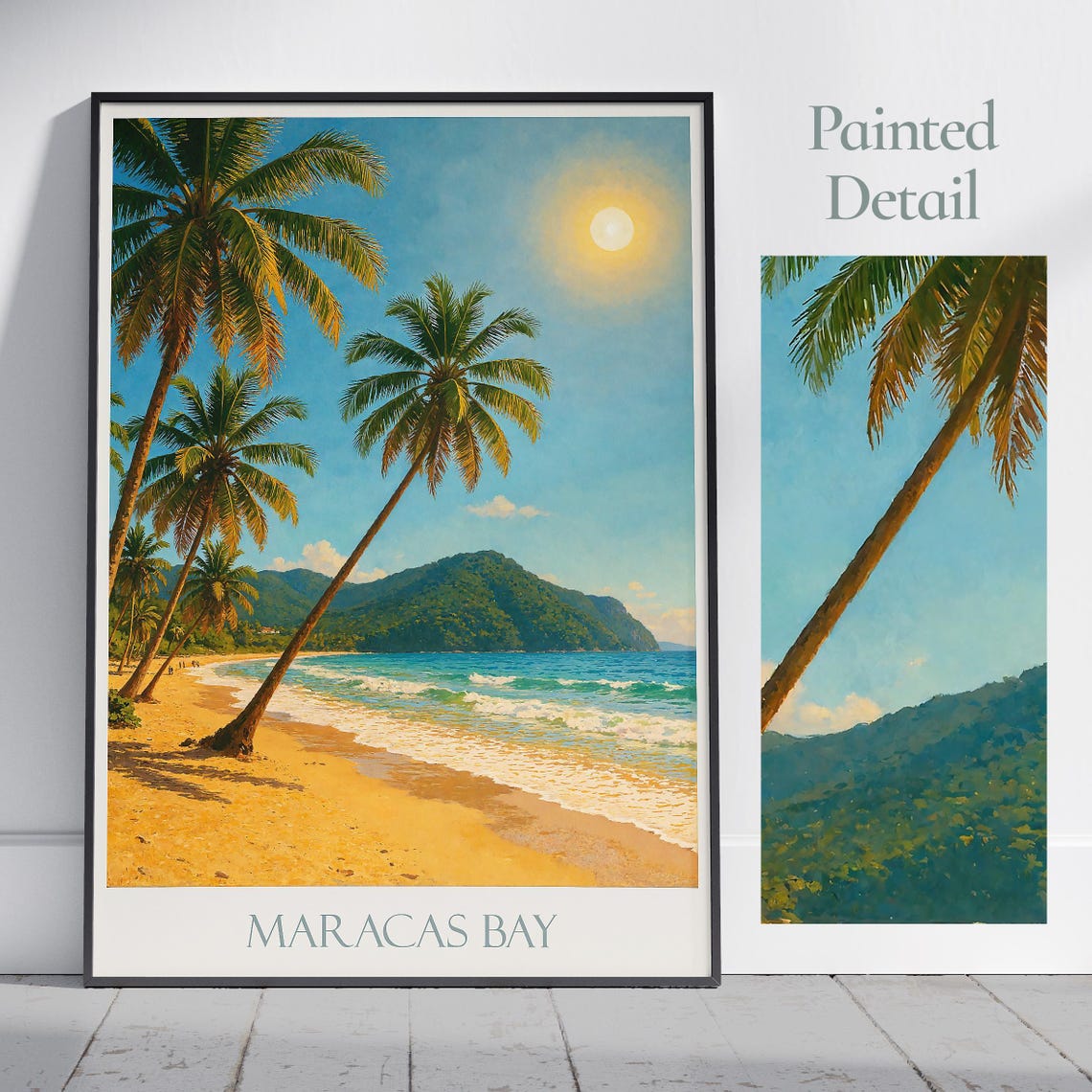 Maracas Bay Sunny Beach Palm Trees Vintage Travel Style Poster