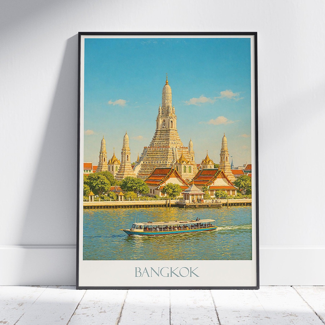 Bangkok Wat Arun Temple Chao Phraya River Boat Thailand Travel Poster