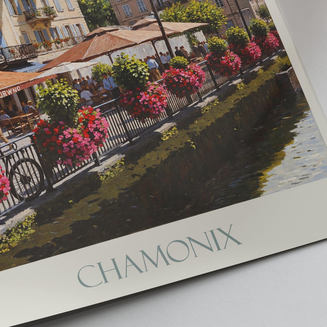 Chamonix France Canal Painted Travel Poster Flower Baskets Cafes - Image 2