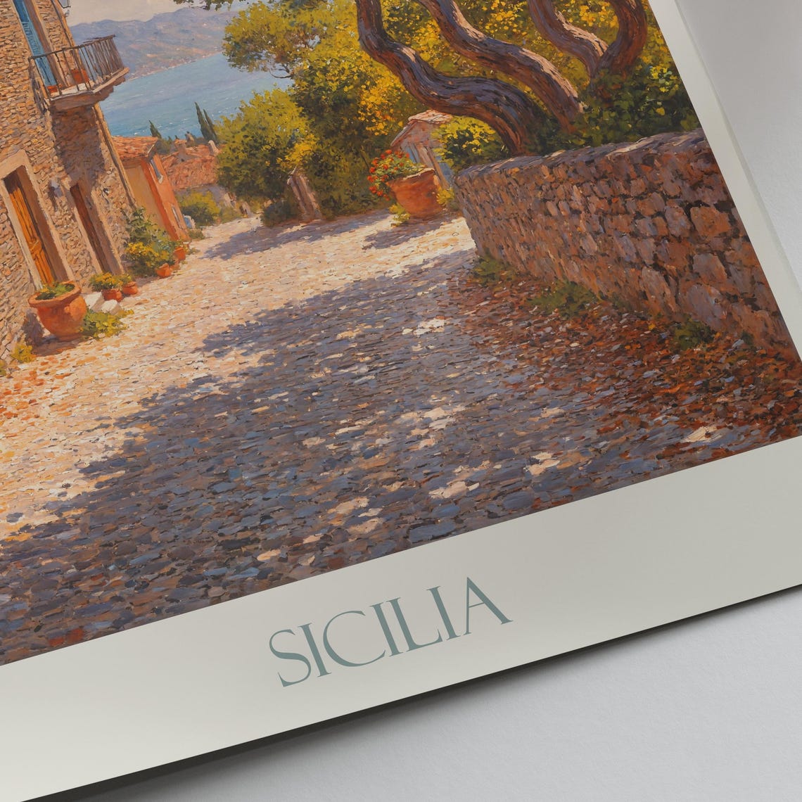 Sicilia Italy Sunlit Village Lane Sea View Olive Trees Painted Poster - Image 4