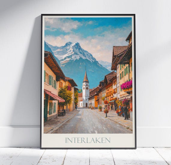 Interlaken Travel Print Switzerland Travel Poster Wall Art Home Decor Personalized Gift Framed