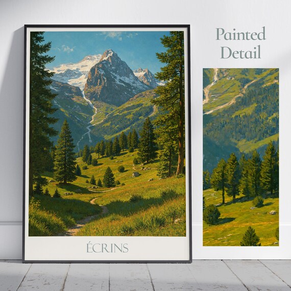 Ecrins National Park Snow Peak Waterfall Forest France Poster