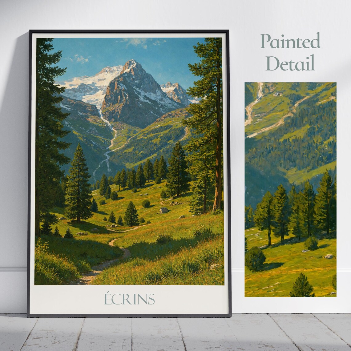 Ecrins National Park Snow Peak Waterfall Forest France Poster
