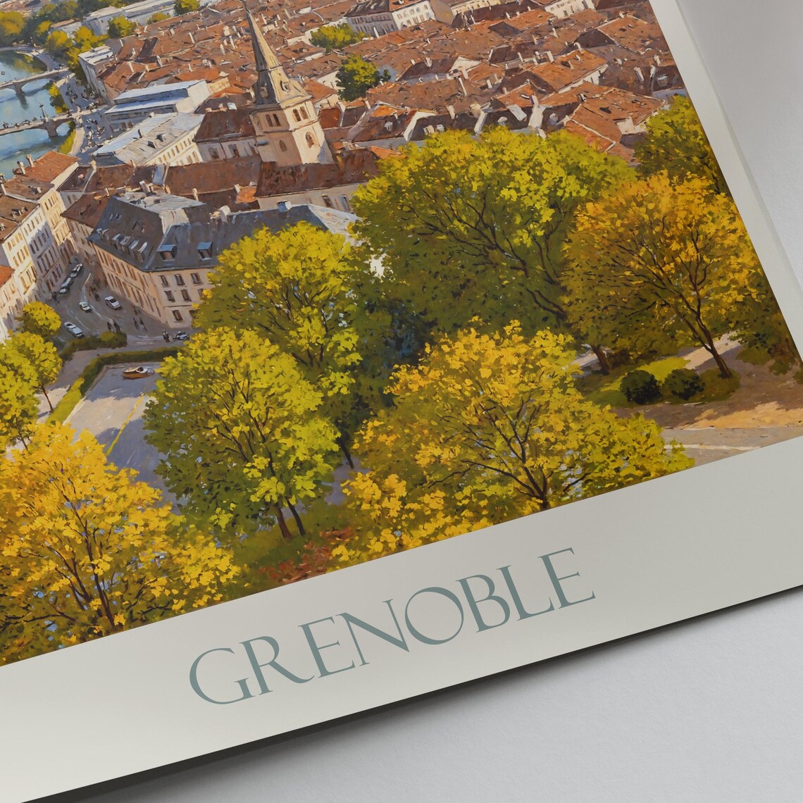 Grenoble France Painted Aerial City View With River And Alps Poster - Image 3