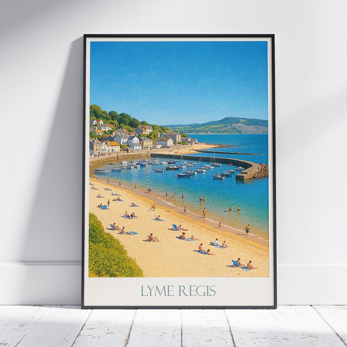Lyme Regis Dorset Sunny Beach Harbor Boats Seaside Travel Poster