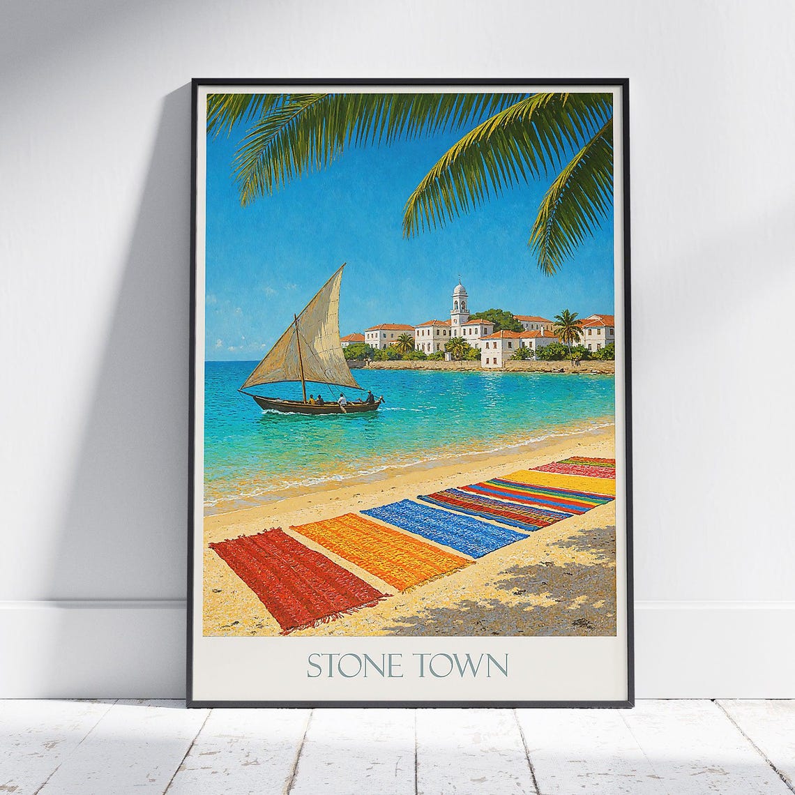 Stone Town Zanzibar Beach Dhow Sailboat Tropical Travel Poster