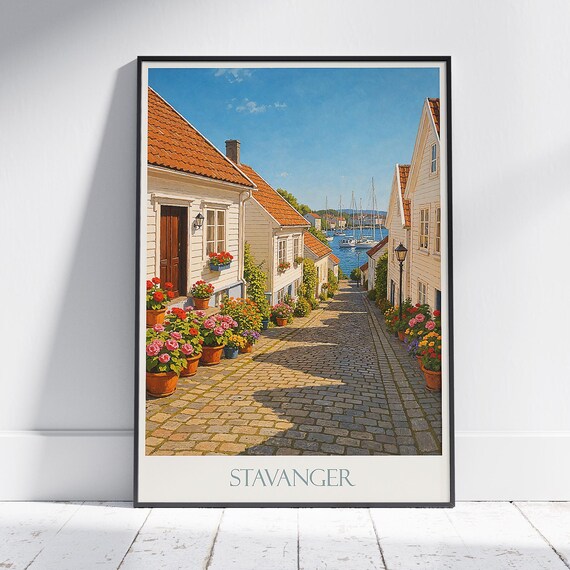 Stavanger Norway Old Town Cobblestone Street Painted Travel Poster