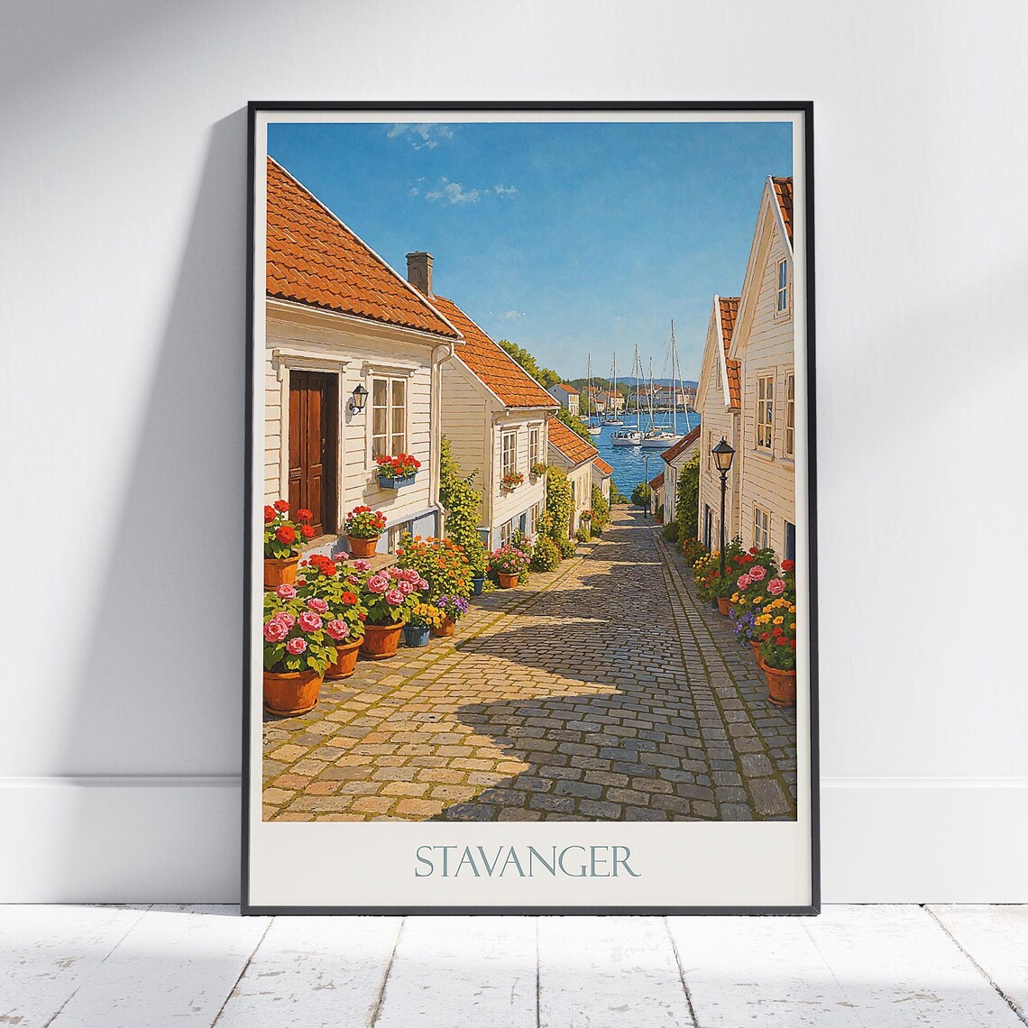 Stavanger Norway Old Town Cobblestone Street Painted Travel Poster