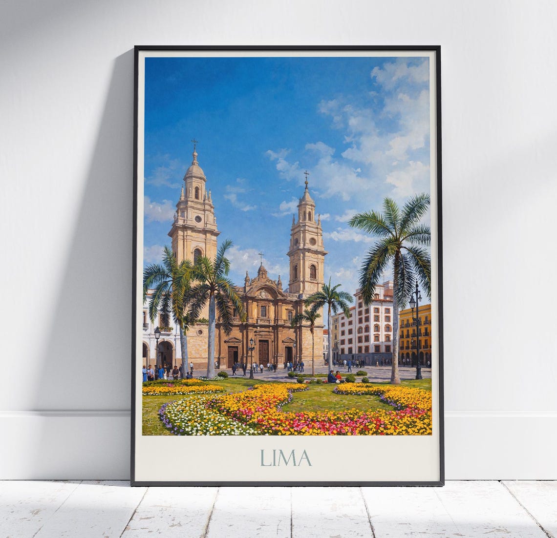Lima Peru Cathedral Plaza Palms Flowerbeds Painted Travel Poster