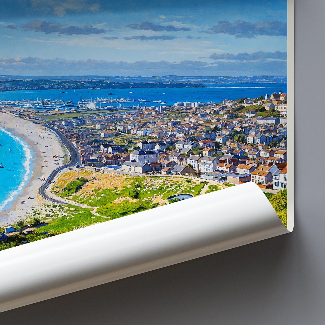 Dorset England Coastal Town Bay Blue Sea Aerial View Art Poster - Image 3
