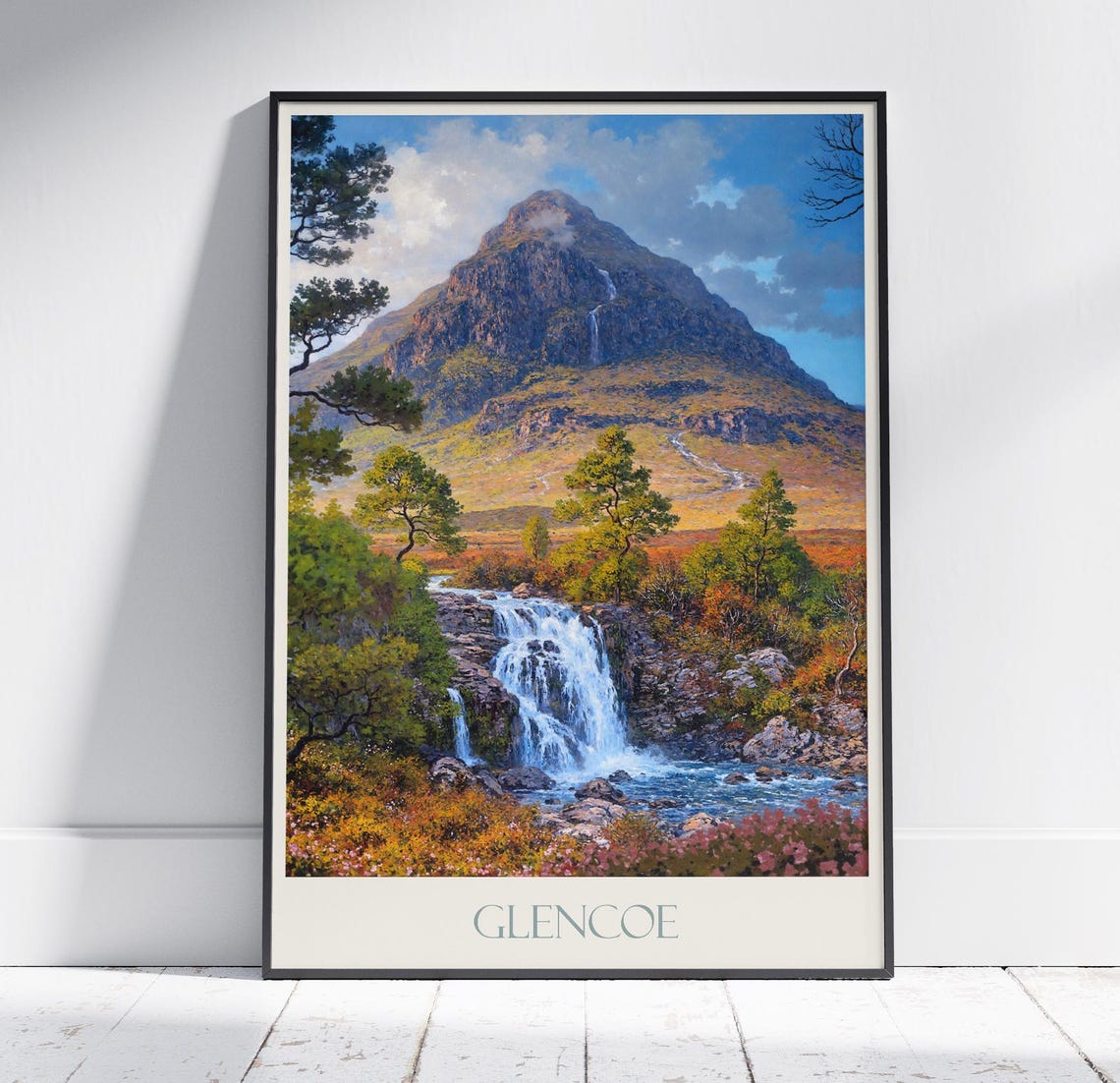 Glencoe Scotland Mountain Waterfall Autumn Painted Travel Poster