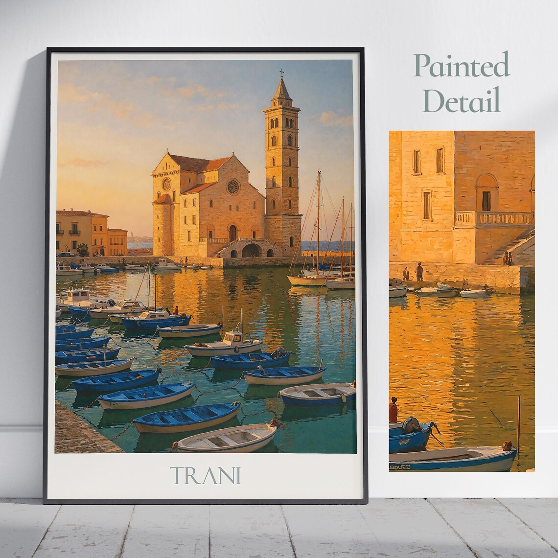 Trani Italy Cathedral Harbor Blue Boats Sunset Glow Travel Poster