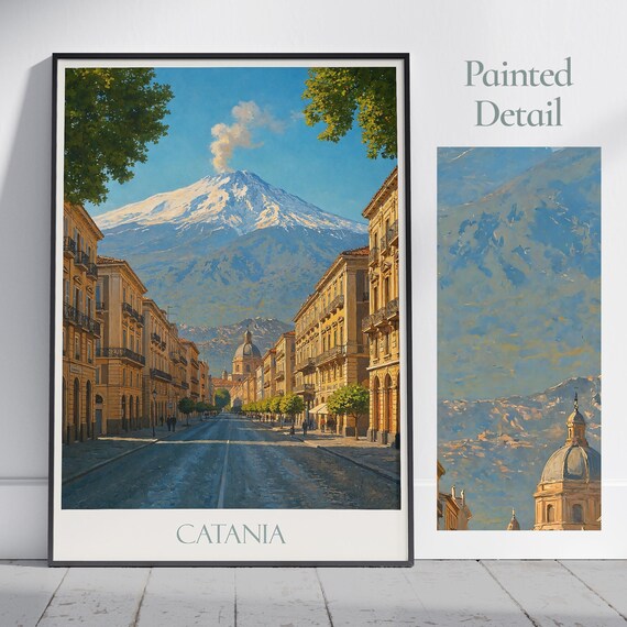 Catania Sicily Italy City Street View Mount Etna Eruption Travel Poster