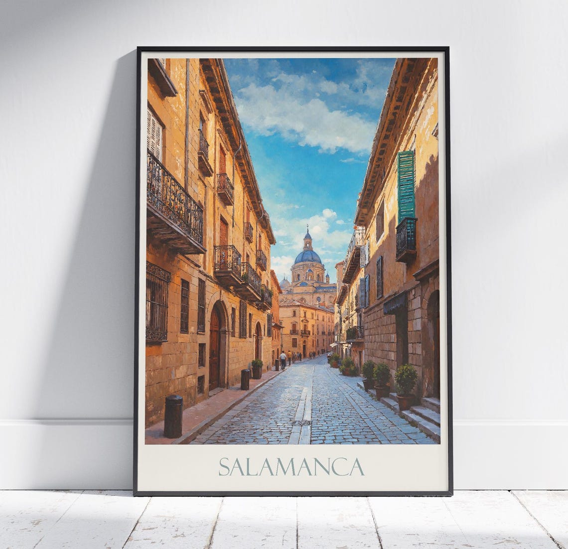 Salamanca Spain Cobblestone Old Town Street Painted Travel Poster