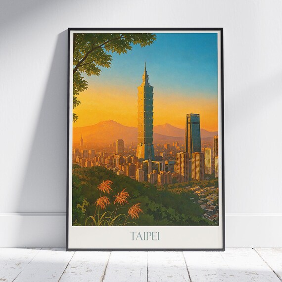 Taipei 101 Sunset Skyline Mountain View Taiwan Travel Poster