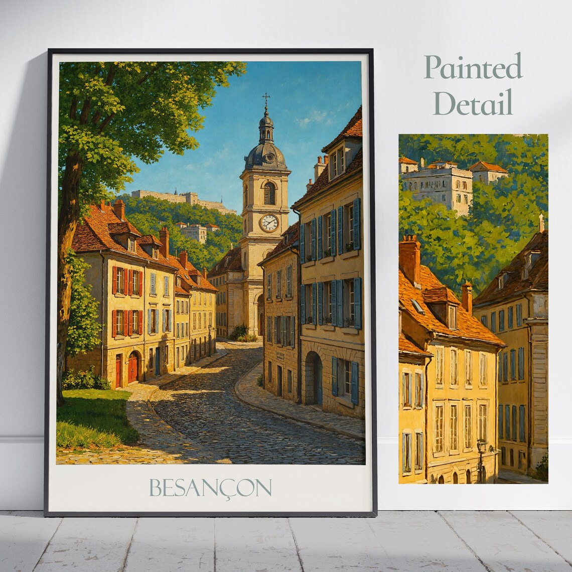 Besançon France Quiet Cobbled Street Clock Tower Painted Travel Poster