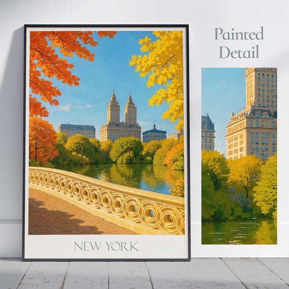 New York City Central Park Autumn Foliage Lake Bridge Travel Poster