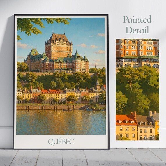 Quebec Chateau Frontenac Old Town Vintage Waterfront Travel Poster