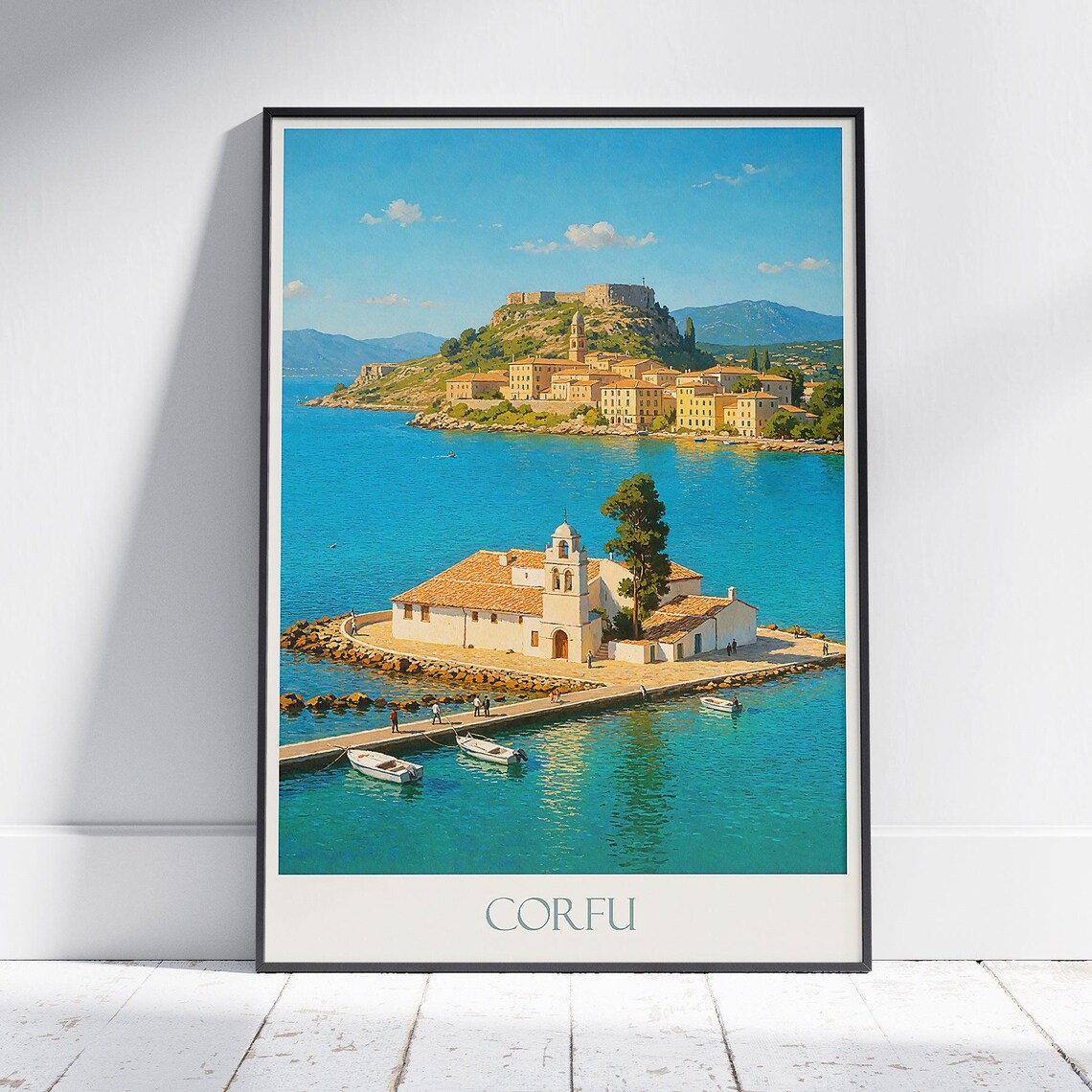 Corfu Greece Vlacherna Monastery Island Coastline Travel Poster