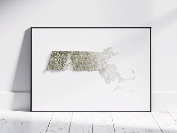 Massachusetts Map 2d Minimalist Topographic Print Shaded Poster Wall Art Modern Decor