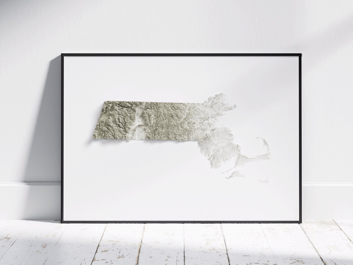 Massachusetts Map 2d Minimalist Topographic Print Shaded Poster Wall Art Modern Decor