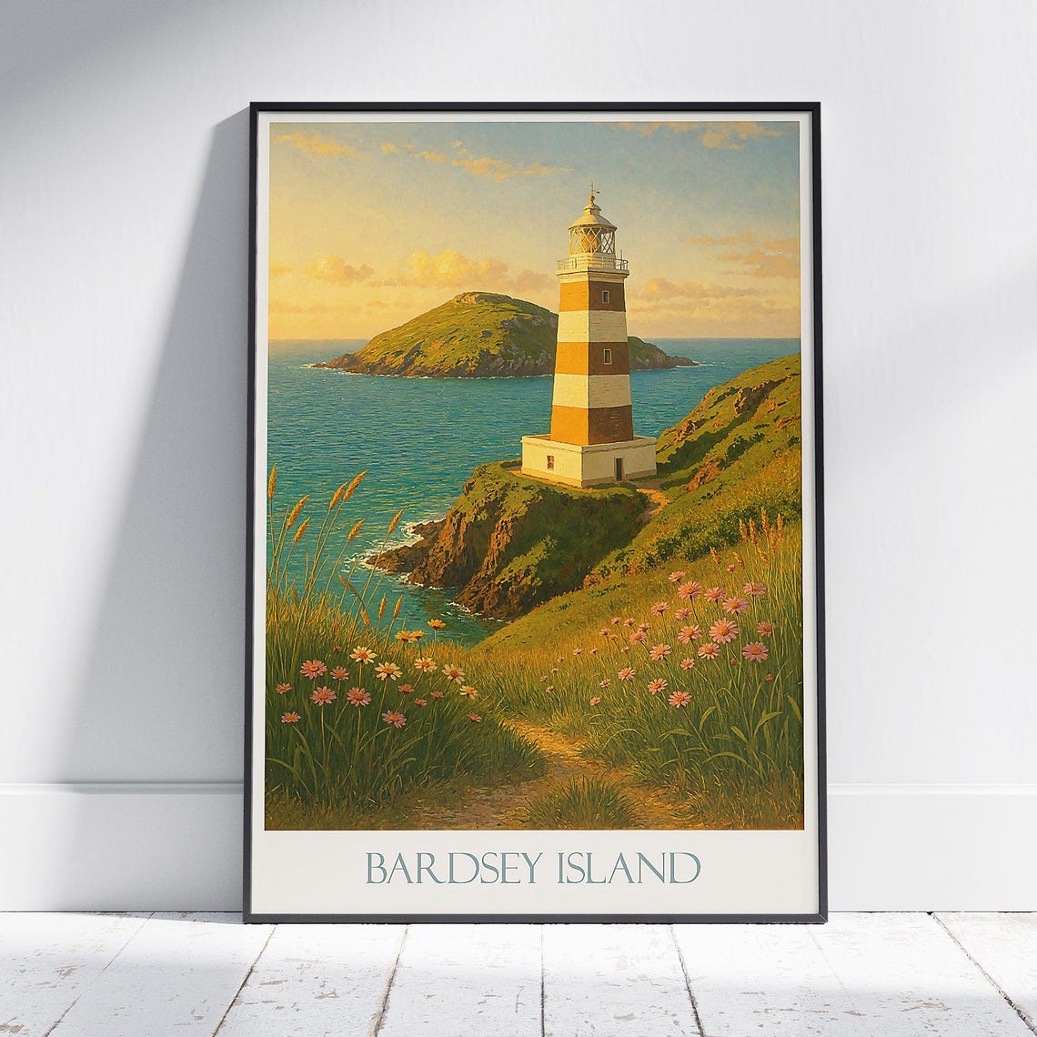 Bardsey Island Wales Striped Lighthouse Coastal Cliffs Travel Poster